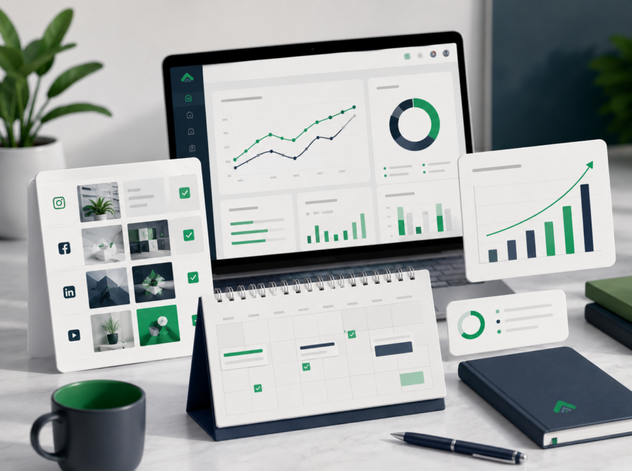 ManageUp monthly marketing management service by AdvertiseUp showing content planning, social media scheduling, analytics dashboards, and campaign growth