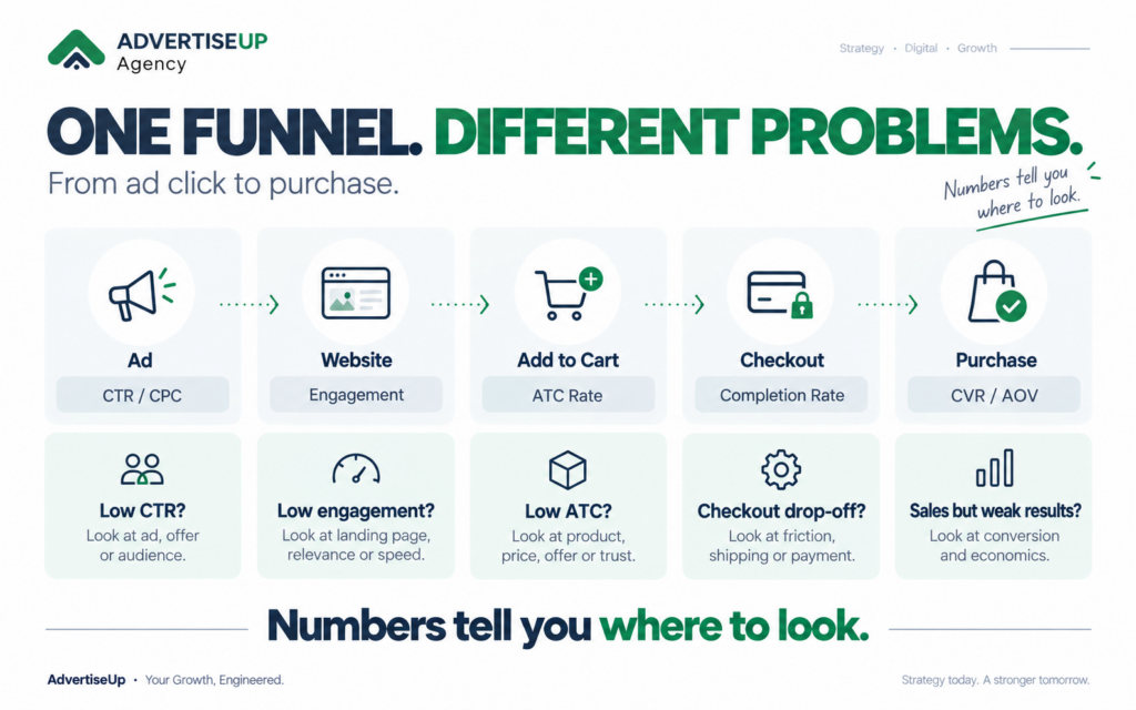 E-commerce funnel metrics mapped across ad, website, add to cart, checkout and purchase stages.