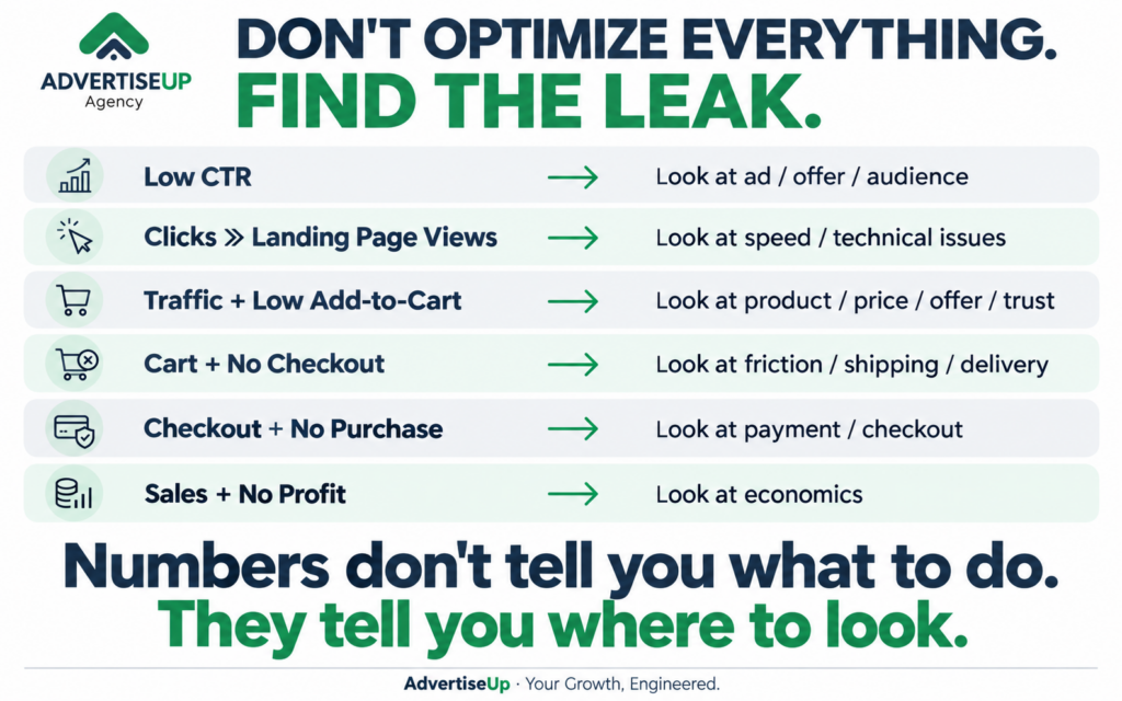 E-commerce funnel diagnostic cheat sheet showing what to investigate when customers drop off at each stage.