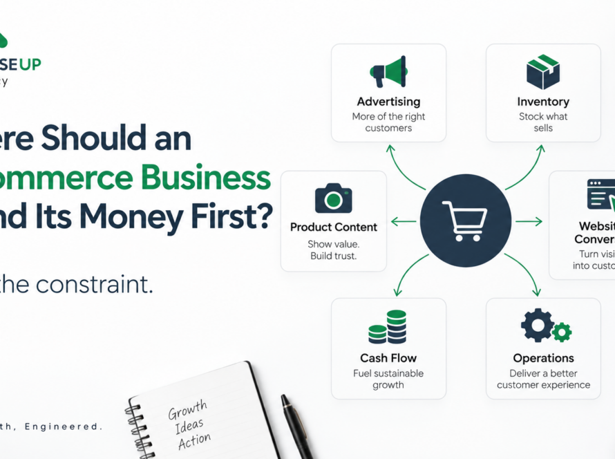 Infographic showing how an e-commerce business should decide where to spend money first across advertising, inventory, cash flow, operations, product content, and website conversion.