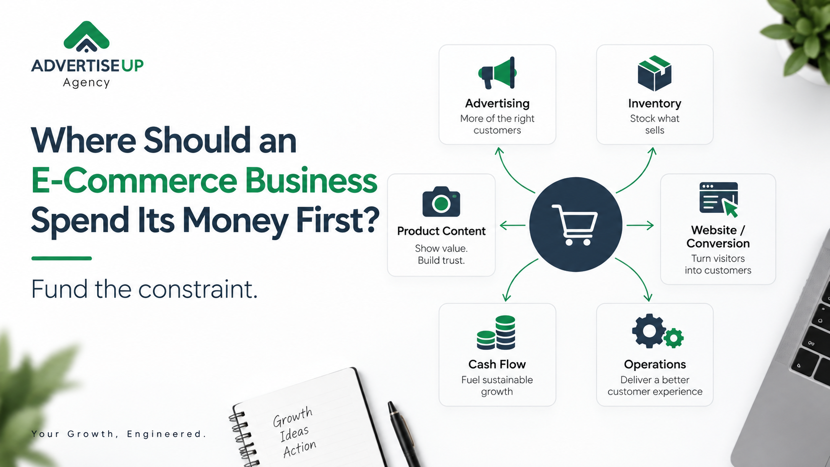 Infographic showing how an e-commerce business should decide where to spend money first across advertising, inventory, cash flow, operations, product content, and website conversion.