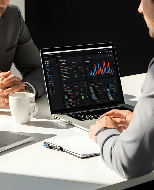 Business consultant reviewing digital analytics dashboard with performance graphs on laptop during a strategy meeting.
